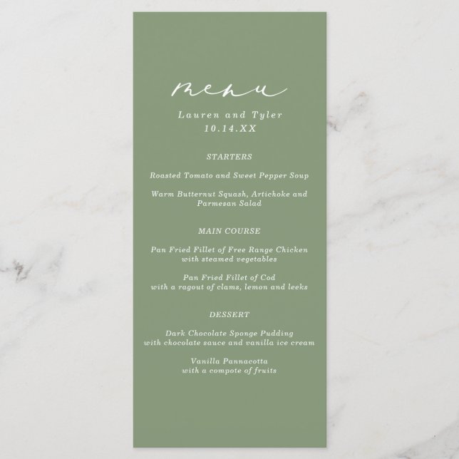 Simple Elegant Calligraphy Sage Green Wedding Menu (Front)