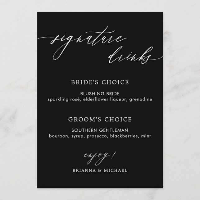 Simple Elegant Calligraphy Signature Drinks Black Menu (Front)