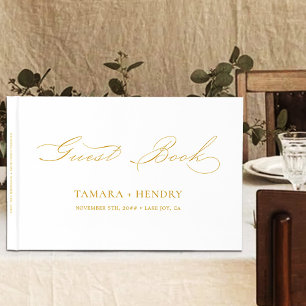 Simple Elegant Calligraphy White and Gold Wedding Guest Book