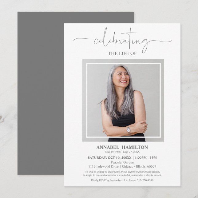Simple Elegant Celebration of Life Funeral Photo  Invitation (Front/Back)
