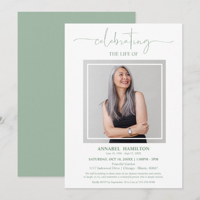 Simple Elegant Celebration of Life Funeral Photo Invitation (Front/Back)