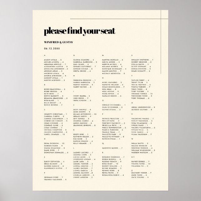 Simple elegant & chic Alphabetical seating chart (Front)