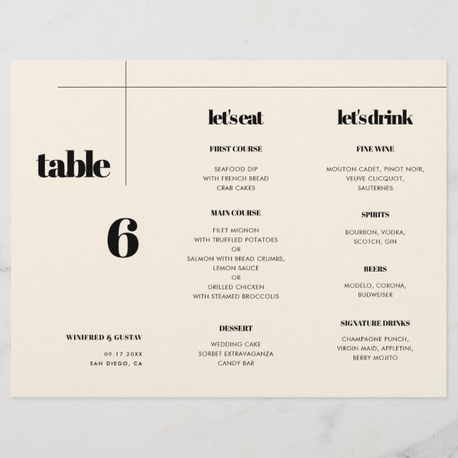 Simple elegant & chic Menu & Table number trifold (Front)