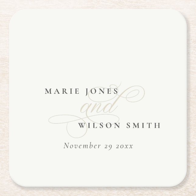 Simple Elegant Chic Script Black & White Wedding Square Paper Coaster (Front)