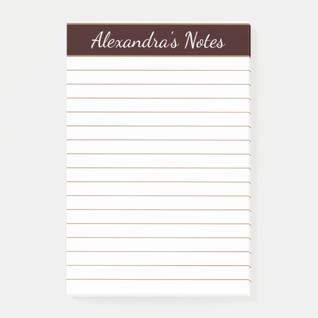 Simple Elegant Chocolate Brown Lined Personalized Post-it Notes (Front)