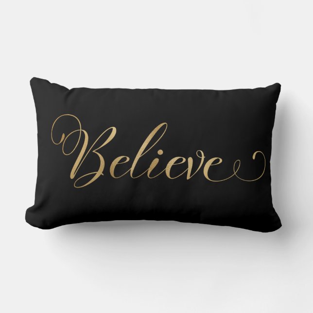 Simple Elegant Christmas Believe Gold Black Lumbar Pillow (Front)