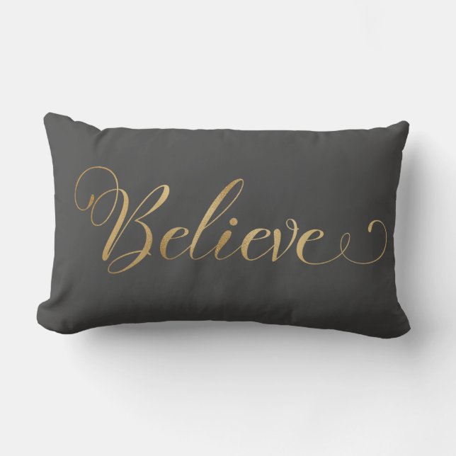 Simple Elegant Christmas Believe Gold Grey Lumbar Pillow (Front)
