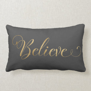Simple Elegant Christmas Believe Gold Grey Lumbar Pillow