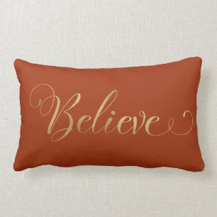 Simple Elegant Christmas Believe Gold Terracotta Lumbar Pillow