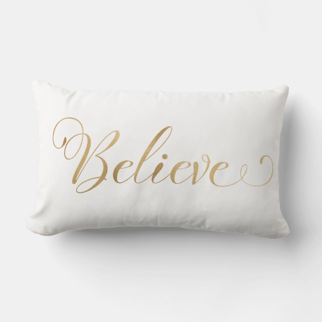Simple Elegant Christmas Believe Gold White Lumbar Pillow (Front)