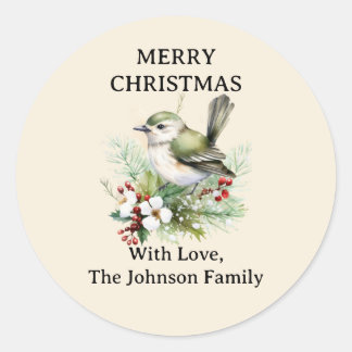 Simple Elegant Christmas Floral Bird Classic Round Sticker