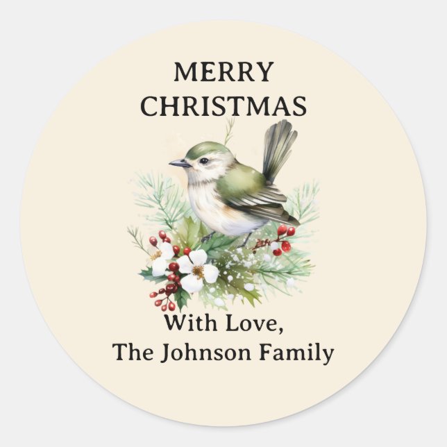 Simple Elegant Christmas Floral Bird Classic Round Sticker (Front)