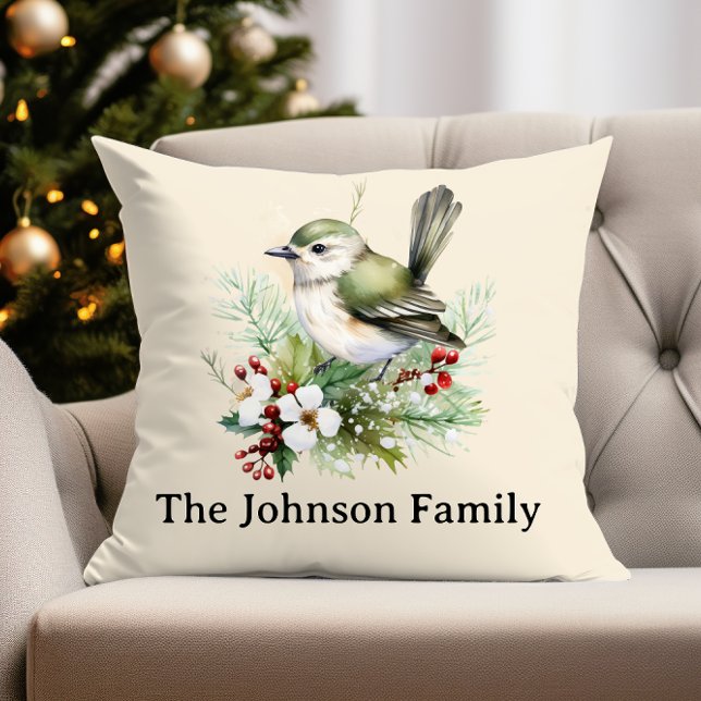 Simple Elegant Christmas Floral Bird Throw Pillow (Creator Uploaded)
