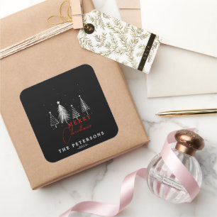 Simple Elegant Christmas Pine Tree Black Square Sticker