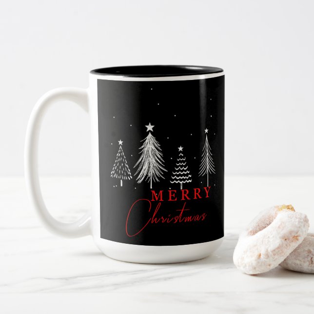Simple Elegant Christmas Pine Tree | Black Two-Tone Coffee Mug (With Donut)