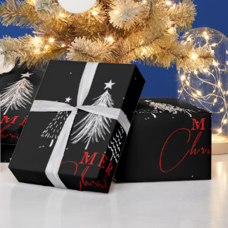Simple Elegant Christmas Pine Tree | Black Wrapping Paper