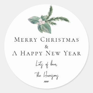 Simple Elegant Christmas Watercolor Botanical  Classic Round Sticker