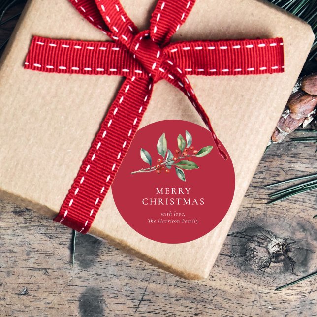 Simple Elegant Christmas Watercolor Botanical Classic Round Sticker (Creator Uploaded)