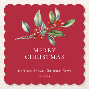 Simple Elegant Christmas Watercolor Botanical Paper Coaster