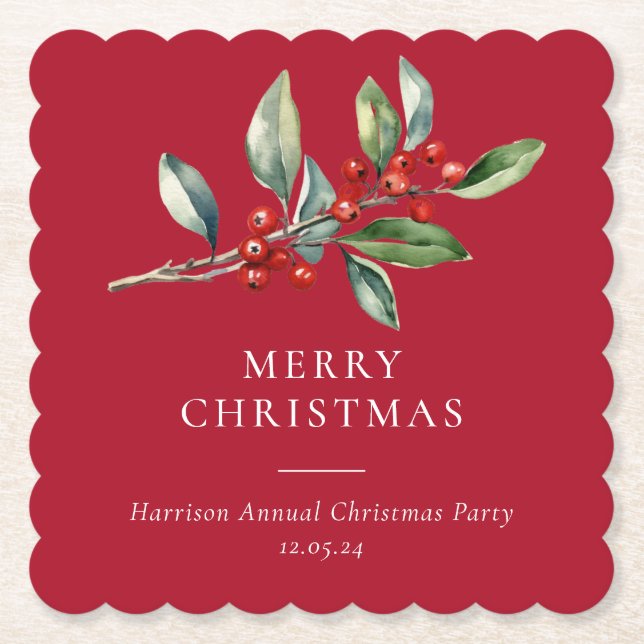 Simple Elegant Christmas Watercolor Botanical Paper Coaster (Front)