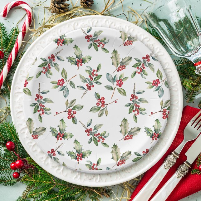 Simple Elegant Christmas Watercolor Botanical Paper Plate (Creator Uploaded)