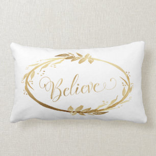 Simple Elegant Christmas Wreath Believe Gold White Lumbar Pillow