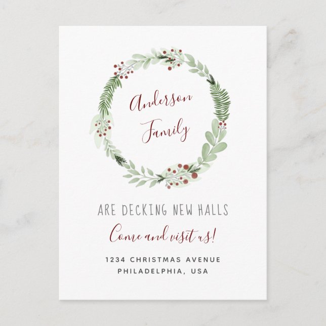 Simple Elegant Christmas Wreath Calligraphy Moving Announcement Postcard (Front)
