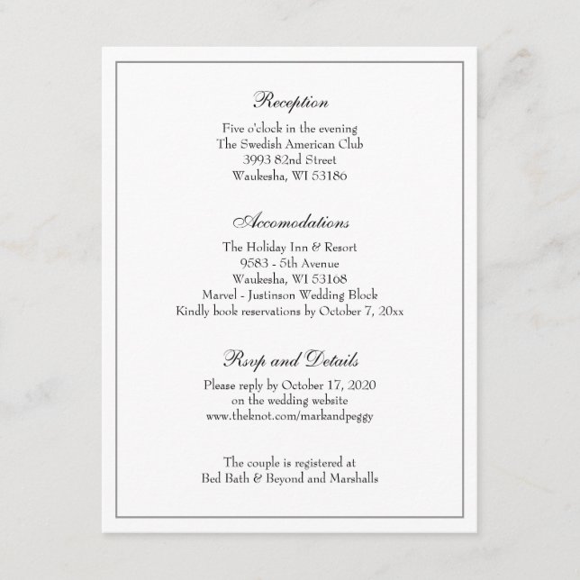 Simple Elegant Classic Wedding Reception Enclosure Card (Front)