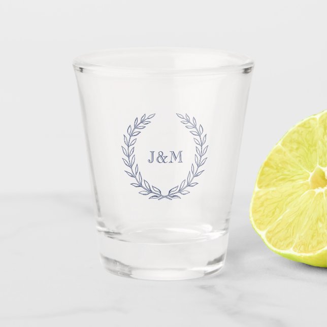 Simple Elegant Classy Navy Blue Monogram Wedding Shot Glass (Front)