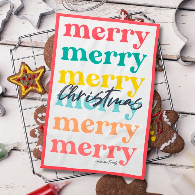 Simple Elegant Colourful Red Merry Christmas Kitchen Towel (Creator Uploaded)