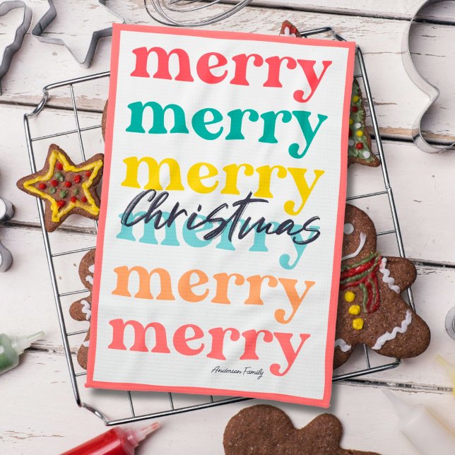 Simple Elegant Colourful Red White Merry Christmas Kitchen Towel (Creator Uploaded)