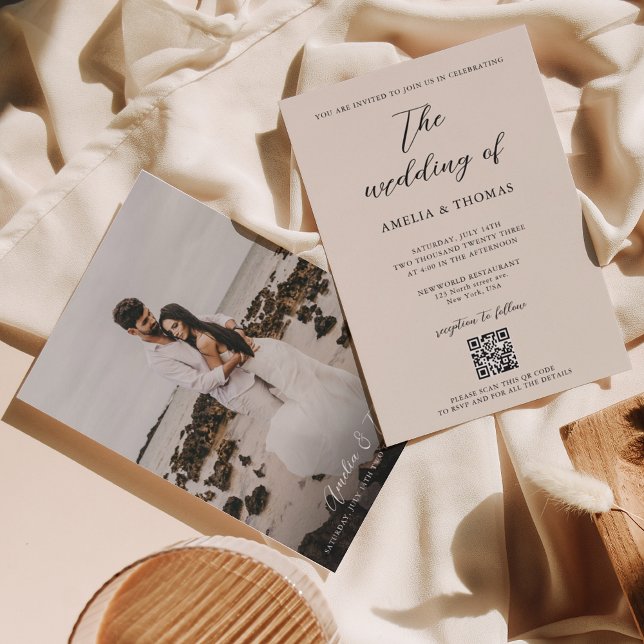 Simple Elegant Cream Script Photo QR Code Wedding Invitation (Creator Uploaded)