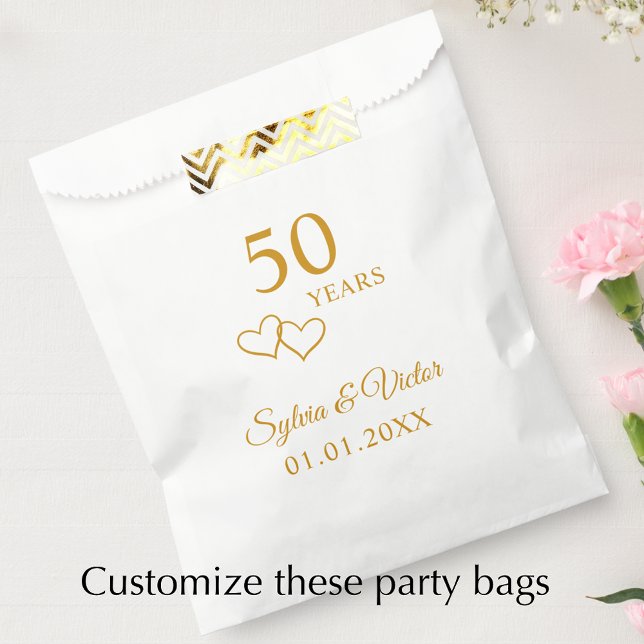 Simple Elegant Custom 50th Anniversary Party Favour Bag (Add couple’s names and date for a personalized elegant gold heart 50th anniversary party favor bag)