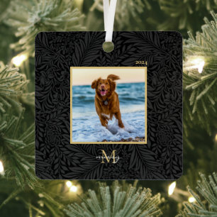 Simple Elegant Custom Pet Name Monogram Photo  Metal Ornament