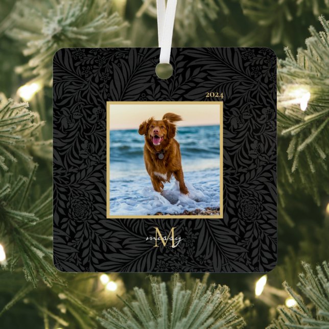Simple Elegant Custom Pet Name Monogram Photo  Metal Ornament (Insitu)