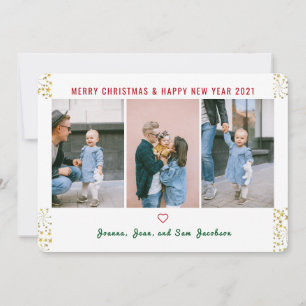 Simple Elegant Cute 3 Photos Gold Glitter New Year Holiday Card