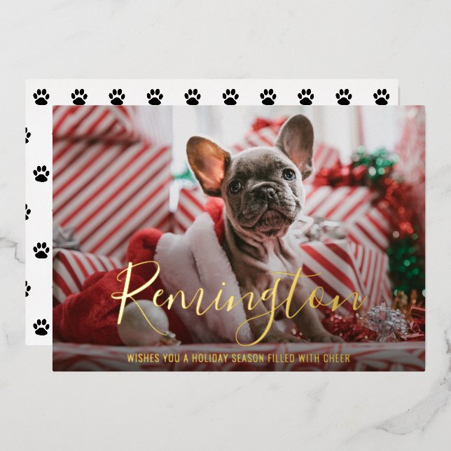 Simple Elegant Cute Photo Dog Christmas Foil Holiday Card (Front/Back)