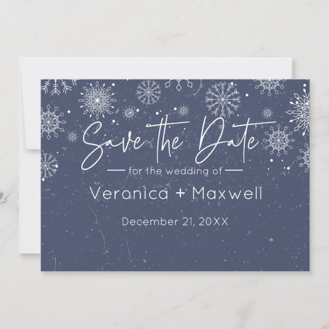 Simple & Elegant Dark Blue Winter Themed Snowflake Save The Date (Front)