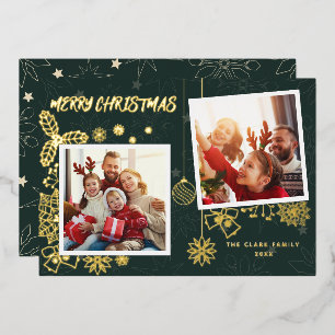 Simple Elegant Dark Green 2 Photo Frames Family Foil Holiday Card