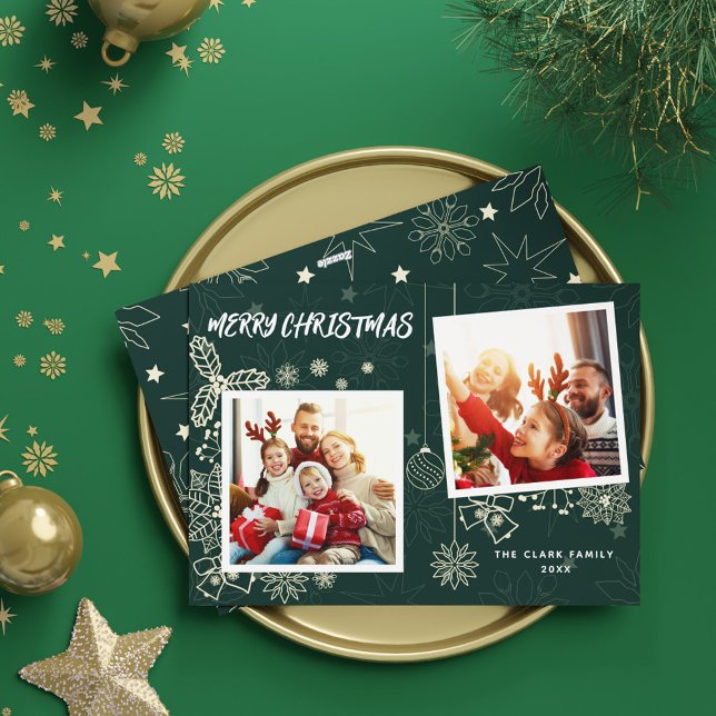 Simple Elegant Dark Green 2 Photo Frames Family Holiday Card (Simple Elegant Dark Green 2 Photo Frames Family Holiday Card)