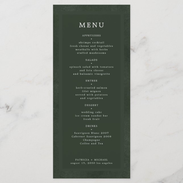 Simple elegant dark green custom wedding  menu (Front)