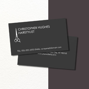 Simple Elegant Dark Grey White Scissor Hairstylist Business Card