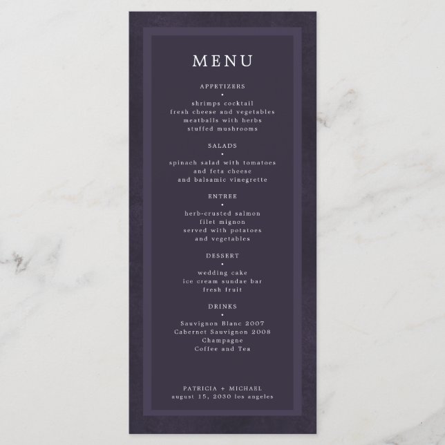 Simple elegant dark purple custom wedding menu (Front)