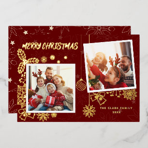 Simple Elegant Dark Red 2 Photo Frames Family Foil Holiday Card