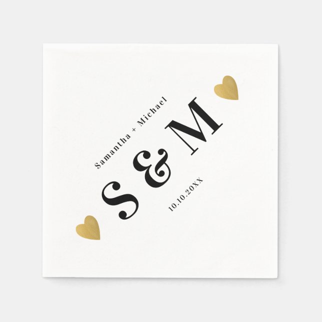Simple Elegant Diagonal Monogram Gold Hearts Party Napkin (Front)