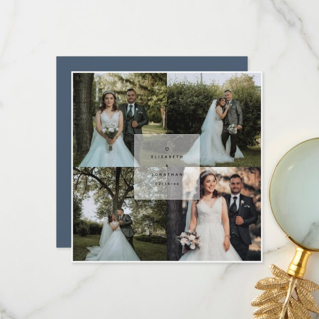 Simple Elegant Dusty Blue 4 Photo Collage Wedding Thank You Card (Front/Back In Situ)