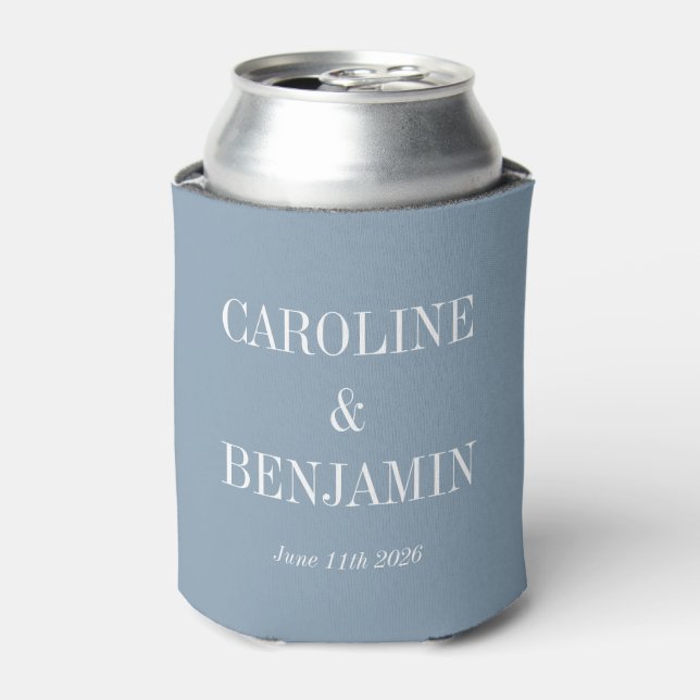 Simple Elegant Dusty Blue Custom Wedding Names Can Cooler (Can Front)