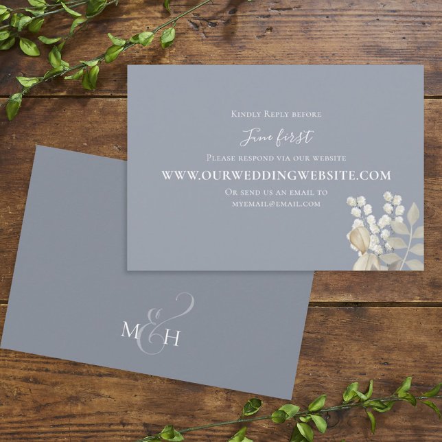 Simple Elegant Dusty Blue Gold Foliage Via Website RSVP Card (Creator Uploaded)