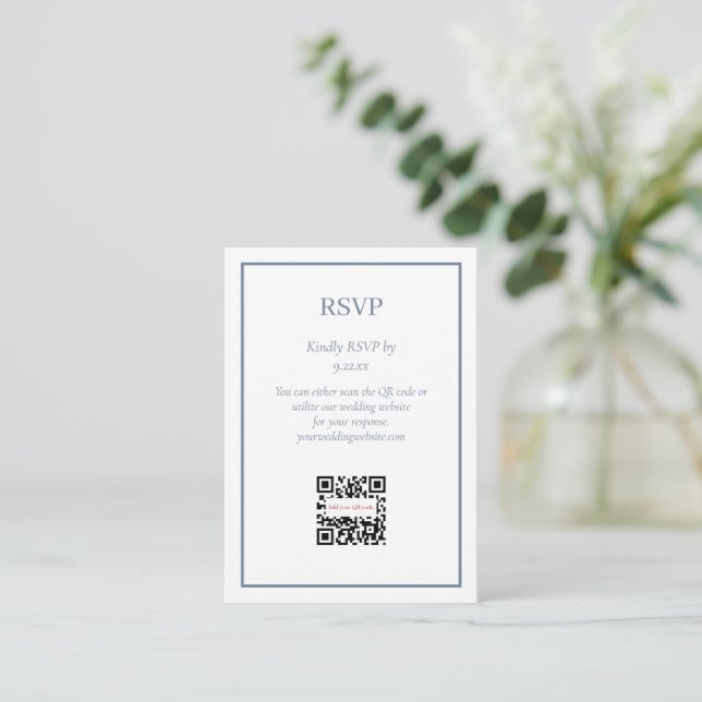 Simple Elegant Dusty Blue RSVP QR Code Option Enclosure Card (Standing Front)