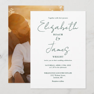 Simple Elegant Emerald Green Script Photo Wedding Invitation